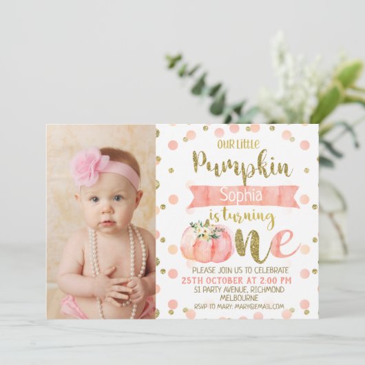 Meisjes Bloemen Roze Pompoen 1e verjaardag Uitnodi Kaart (Staand voorkant)