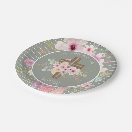 Meisjes bloemenkruis Bautizo Doop roze bloemen Papieren Bordje (Gekanteld)