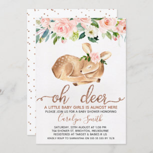 Meisjes Blush Floral Oh Deer Baby shower Uitnodigi Kaart