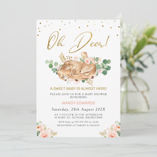 Meisjes Blush Floral Oh Deer Deer Fawn Baby shower Kaart (Staand voorkant)