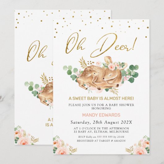 Meisjes Blush Floral Oh Deer Deer Fawn Baby shower Kaart (Voorkant / Achterkant)