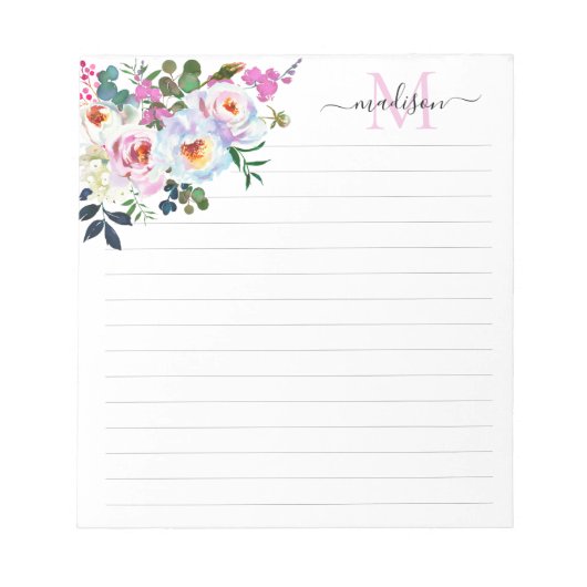 Meisjes Blush Pink Floral Waterverf Monogram scrip Notitieblok (Voorkant)