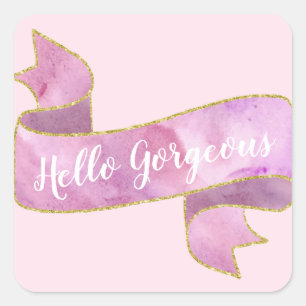 Meisjes  Blush Pink Hallo Prachtige Gold Ribbon Vierkante Sticker
