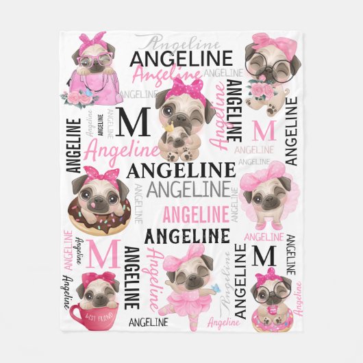 Meisjes Blush Roze Collage Name Cute Pugs Fleece Deken (Voorkant)