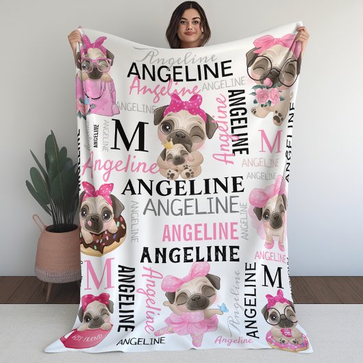 Meisjes Blush Roze Collage Name Cute Pugs Fleece Deken