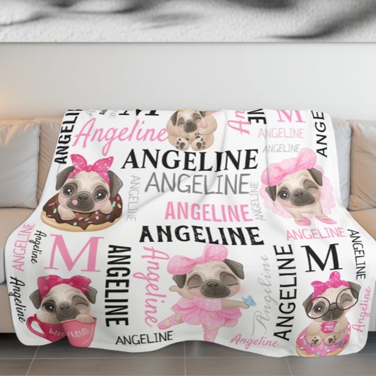 Meisjes Blush Roze Collage Name Cute Pugs Fleece Deken