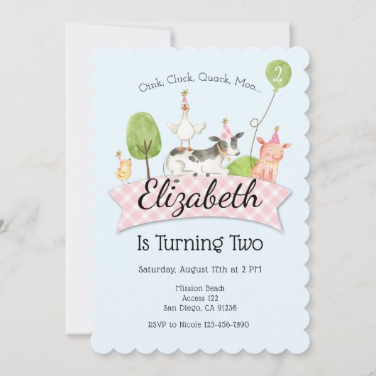 Meisjes Boerderij Barnyard 2e Verjaardagsfeestuitn Kaart (Voorkant)
