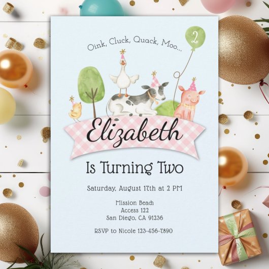 Meisjes Boerderij Barnyard 2e Verjaardagsfeestuitn Kaart