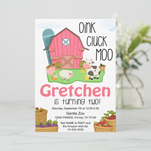 Meisjes boerderij dier 2e verjaardagsuitnodiging kaart (Staand voorkant)