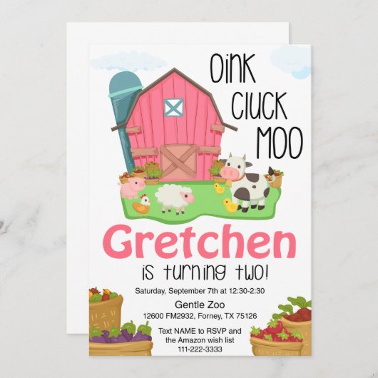 Meisjes boerderij dier 2e verjaardagsuitnodiging kaart (Voorkant / Achterkant)