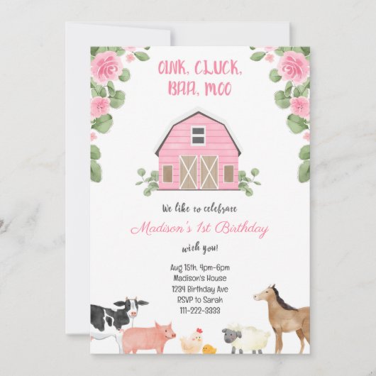Meisjes Boerderij Roze Barnyard Verjaardagsfeestui Kaart (Voorkant)