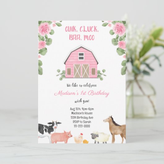 Meisjes Boerderij Roze Barnyard Verjaardagsfeestui Kaart (Staand voorkant)