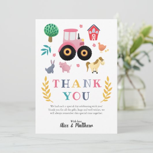 Meisjes boerendieren Roze Roze Rustische Baby show Bedankkaart (Staand voorkant)