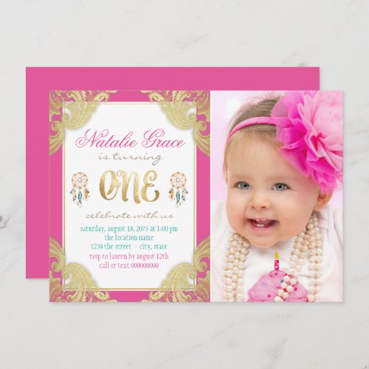 Meisjes Boho eerste verjaardag Kaart (Voorkant / Achterkant)