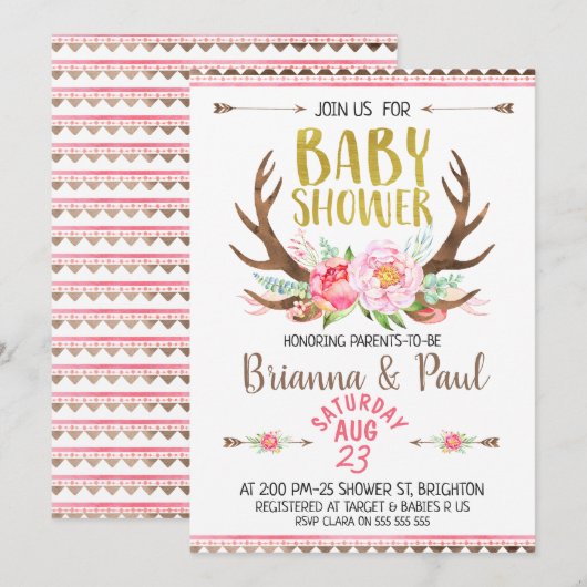 Meisjes Boho Floral Antlers Baby shower Uitnodigin Kaart (Voorkant / Achterkant)