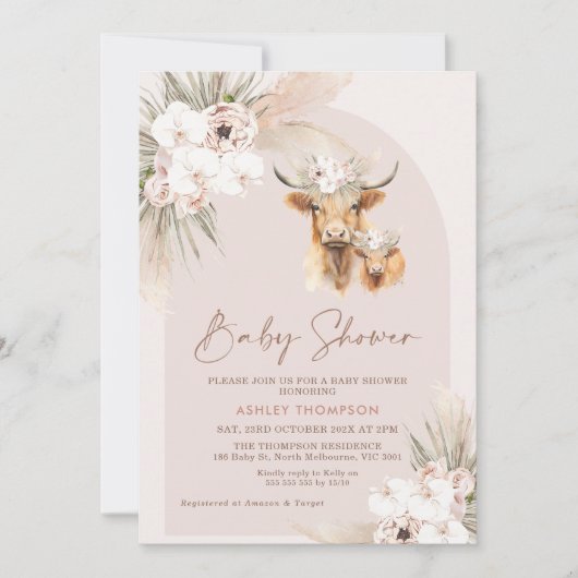 Meisjes Boho Floral Arch Highland Koe Baby shower Kaart (Voorkant)