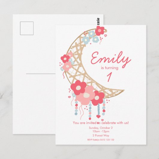 Meisjes Boho Maan Godin Verjaardagsuitnodiging Briefkaart (Voorkant / Achterkant)