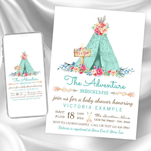 Meisjes Boho TeePee Baby Shower Uitnodigingen