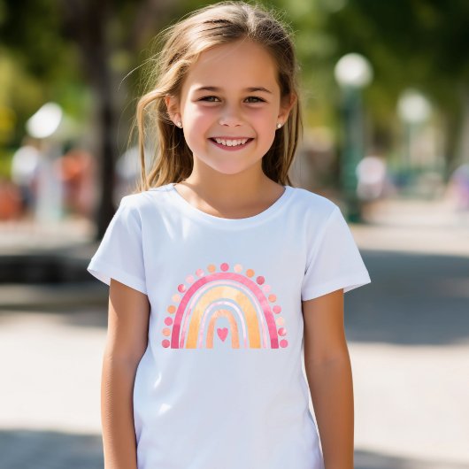 Meisjes Boho Waterverf Regenboog Hart in Roze T-shirt