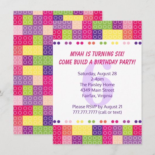 Meisjes bouwstenen verjaardagsuitnodigingen kaart (Voorkant / Achterkant)