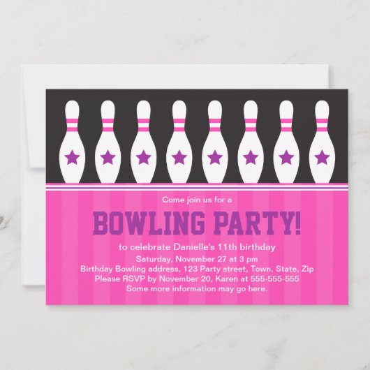 Meisjes bowlen verjaardagsfeestuitnodiging met spe kaart (Voorkant)