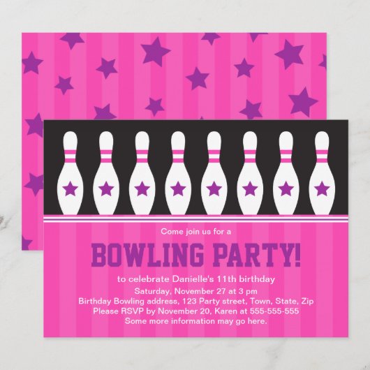 Meisjes bowlen verjaardagsfeestuitnodiging met spe kaart (Voorkant / Achterkant)