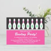 Meisjes bowlen verjaardagsfeestuitnodiging met spe kaart (Staand voorkant)
