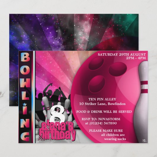 Meisjes Bowling Party Uitnodigingen (Voorkant / Achterkant)