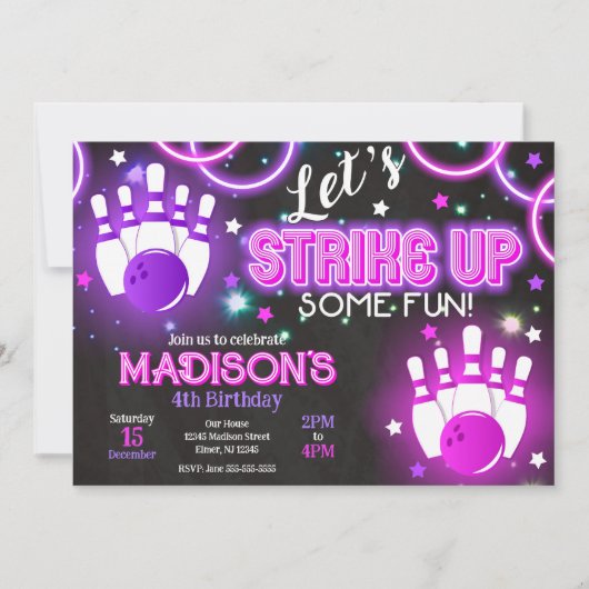 Meisjes Bowling Uitnodiging Glow Neon Verjaardagsf (Voorkant)