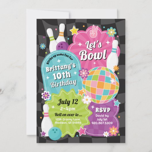 Meisjes Bowling verjaardagsfeestje roze retro uitn Kaart (Voorkant)