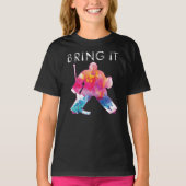 Meisjes brengen het Hockey Goalie Waterverf donker T-shirt (Voorkant)