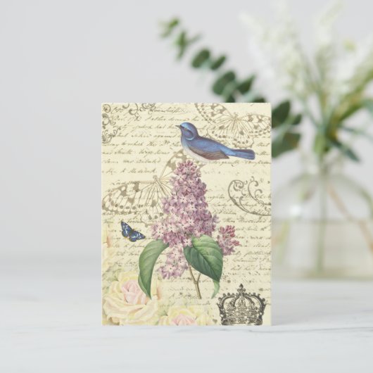 Meisjes  briefkaart met vogel en lila (Staand voorkant)