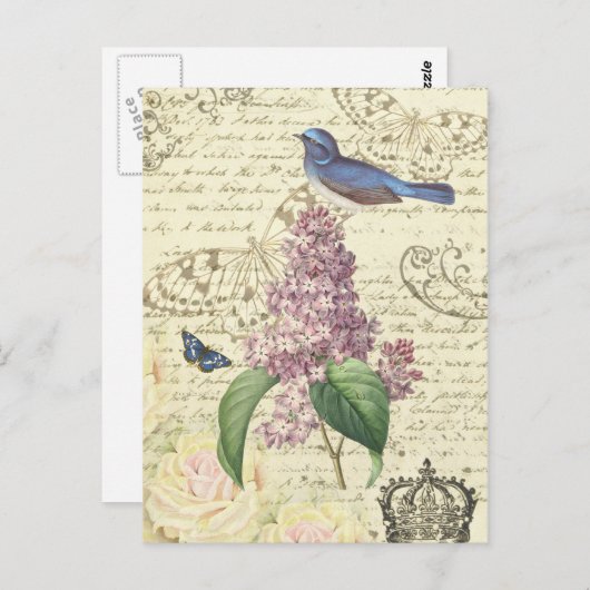 Meisjes  briefkaart met vogel en lila (Voorkant / Achterkant)