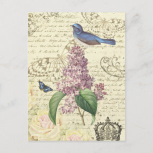 Meisjes  briefkaart met vogel en lila