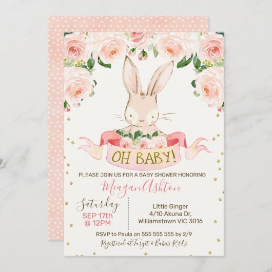 Meisjes Bunny Rabbit Baby shower Kaart (Voorkant / Achterkant)