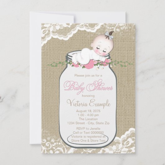 Meisjes Burlap Mason Jar Baby shower Kaart (Voorkant)