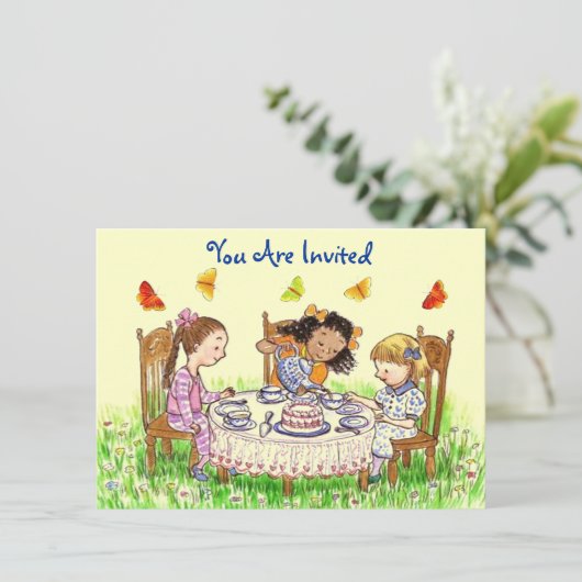 Meisjes & Butterflies Party Tea Invitation Cute Kaart (Staand voorkant)