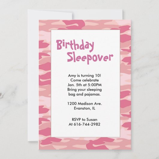 Meisjes Camo Pink Birthday Sleepover Invitation Kaart (Voorkant)