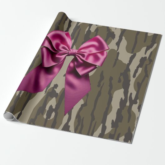 Meisjes Camo Pink Ribbon Bow Bottomland Camo Cadeaupapier (Uitgerold)