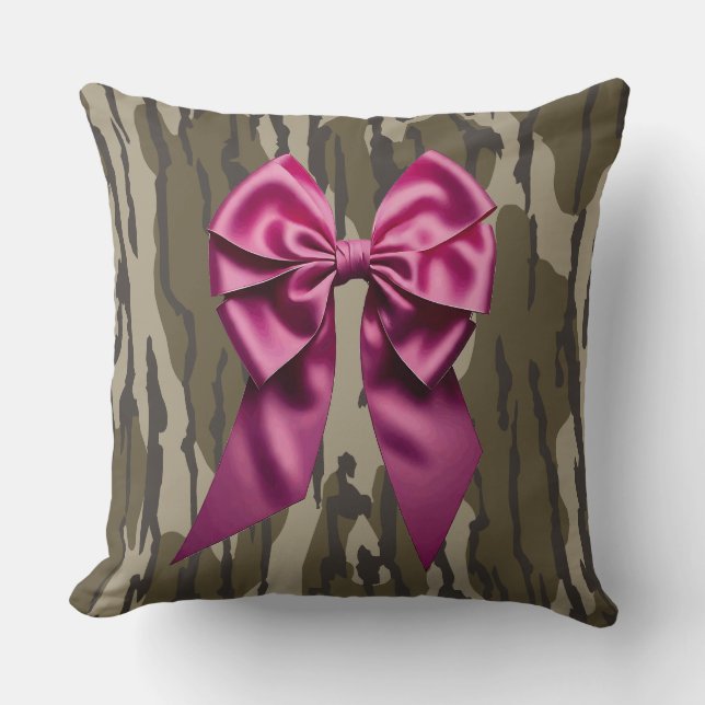 Meisjes Camo Pink Ribbon Bow Bottomland Camo Kussen (Voorkant)