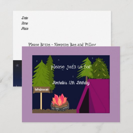 Meisjes Camping Sleepover Birthday Party Invitatio Kaart (Voorkant / Achterkant)