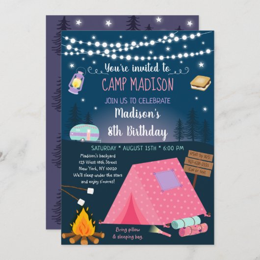 Meisjes Camping S'mores Sleepover Birthday Invitat Kaart (Voorkant / Achterkant)
