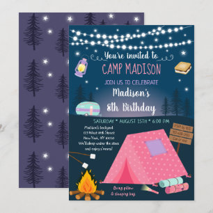 Meisjes Camping S'mores Sleepover Birthday Invitat Kaart