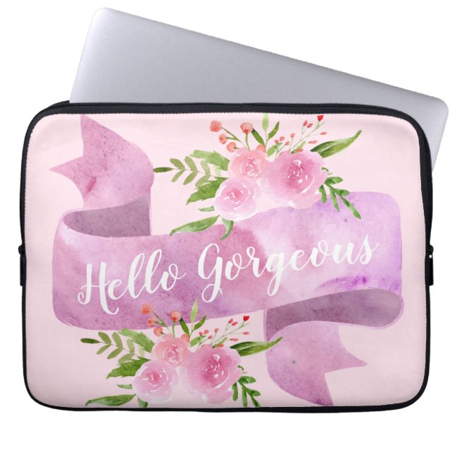 Meisjes  Chic Floral Blush Pink Hallo Prachtig Laptop Sleeve (Voorkant)