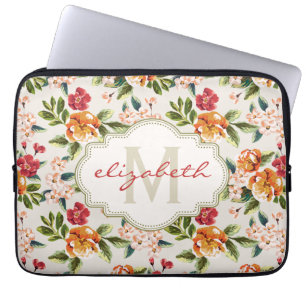 Meisjes Chic Floral Pattern met monogram naam Laptop Sleeve