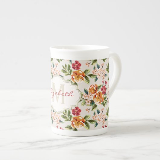 Meisjes Chic Floral Pattern met monogram naam Porselein Kop (Voorkant rechts)