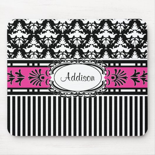 Meisjes Chic Paris Damask Retro Pink en Black Muismat (Voorkant)