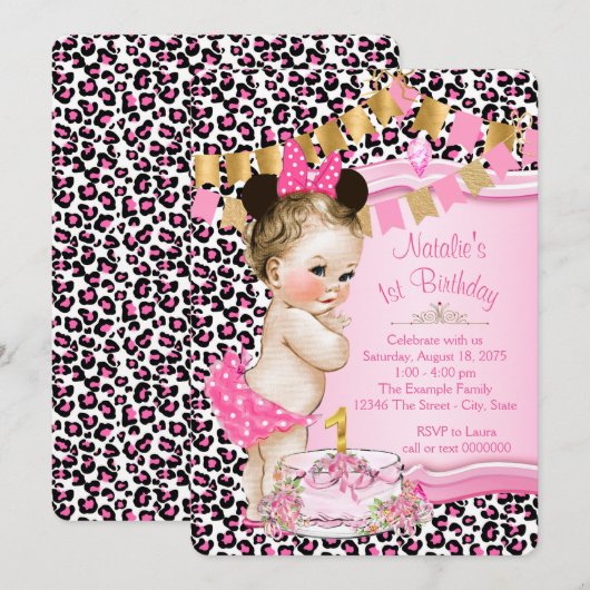Meisjes Chic Pink Leopard 1e verjaardag Kaart (Voorkant / Achterkant)