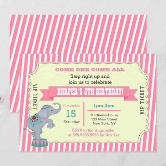 Meisjes Circus Carnaval Ticket Verjaardag Uitnodig Kaart (Voorkant / Achterkant)