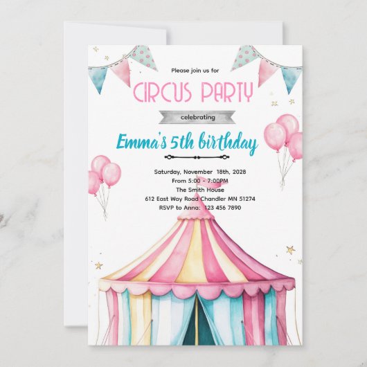 Meisjes circus feest thema uitnodiging (Voorkant)